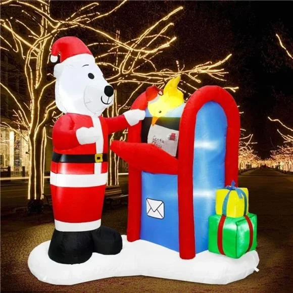 6FT Christmas Inflatable Decor, Lighted Polar Bear Mailing Letter to Santa Scene
